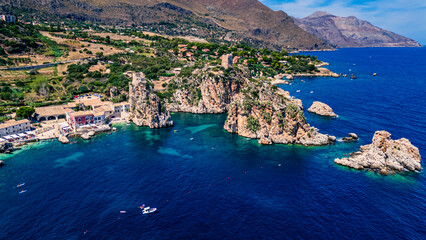 Obraz premium Beauty of the nature of the Sicilian coasts. Bay of Scopello and its stacks. View from above.