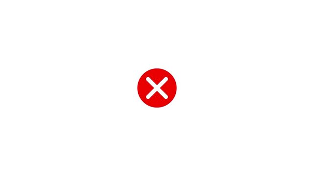 Animated wrong mark red icon appearing. Red circle icon with white cross mark for error or cancel signal. 