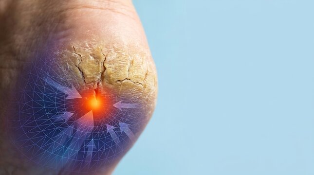 Macro view of a callus on a human foot with a digital pressure map visualization and glowing pain point