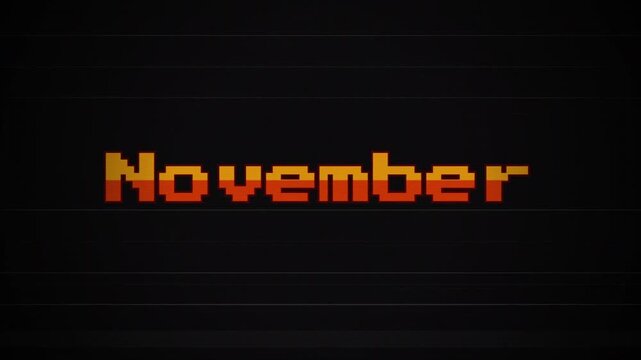 November Pixel Art Text with Retro 8-bit Glitch Effect, Vintage Arcade Game Style, VHS Interference, CRT Scanlines, Old School Gaming Month Animation 4k video