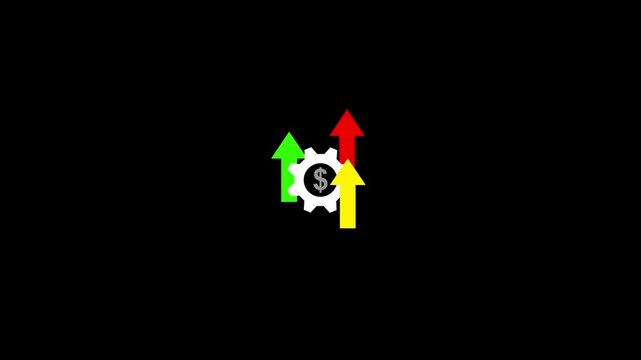 Financial growth icon with gear, dollar symbol and rising colorful arrows.