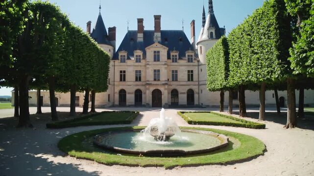 Gliding camera dolly pushing forward central axis to reveal manor details, fountain and tree alleys