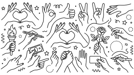 Fototapeta premium Set of hands doing various gestures with decorative elements.