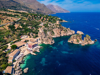 Obraz premium Beauty of the nature of the Sicilian coasts. Bay of Scopello and its stacks. View from above.