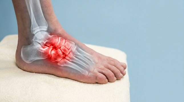 Medical illustration of a human foot with X-ray overlay showing inflammation and pain in the midfoot area