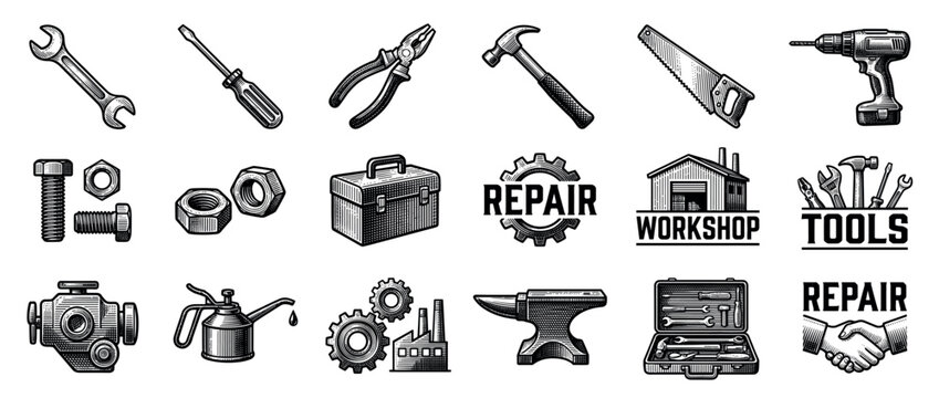 Comprehensive collection of black and white vintage-style repair and workshop tools, including wrenches, screwdrivers, hammers, saws, and drills, rendered with intricate engraving details