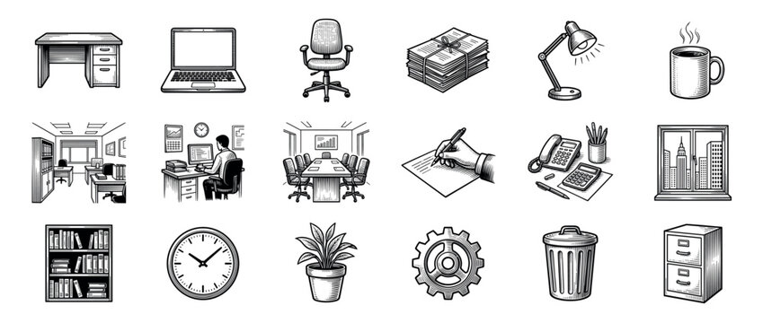 Collection of office objects and scenes in a classic black and white engraving style, depicting various elements of a workspace