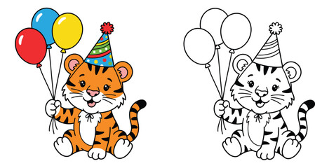 Fototapeta premium Cute Cartoon Tiger Cub with Party Hat and Balloons - Birthday & Celebration Animal Art