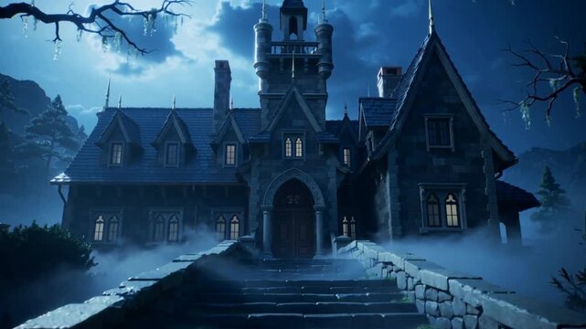 Starting camera pulling toward gothic mansion on moonlit rise, fog swirling, revealing stone steps