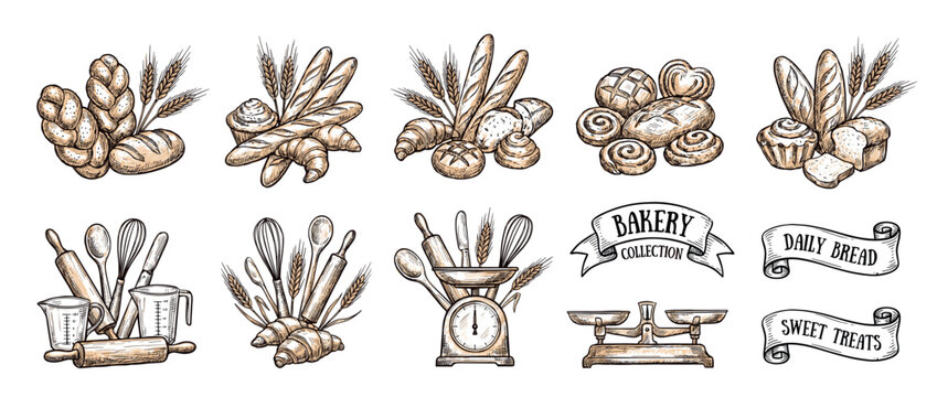 Hand drawn vintage bakery collection with various breads, pastries, and baking tools, illustrated in a classic sketch style