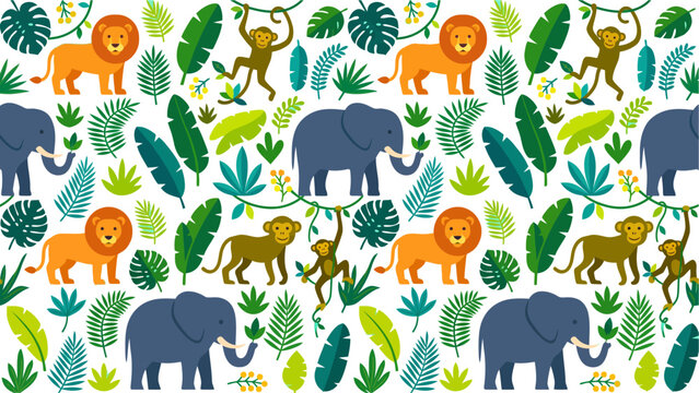 Colorful wildlife pattern featuring elephants and lions arranged in a lush leafy jungle motif.