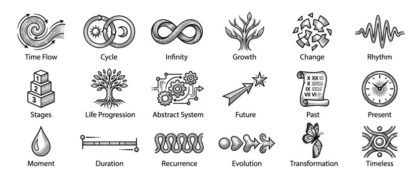 Comprehensive collection of twenty black and white hand-drawn icons representing time, change, and abstract concepts, rendered with a vintage engraving style