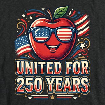Vibrant illustration of an apple wearing sunglasses with american flag design, surrounded by stars and stripes, celebrating 250 years of unity