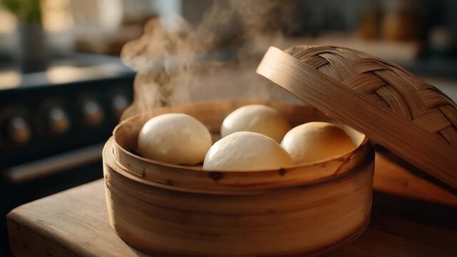 Steamed dumpling and steamed bun in bamboo basket on wooden table, warm kitchen light, rising steam, soft focus, traditional asian food presentation, breakfast meal, fresh food scene