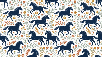 Seamless blue equine pattern featuring galloping horses and floral motifs. © izzstudio