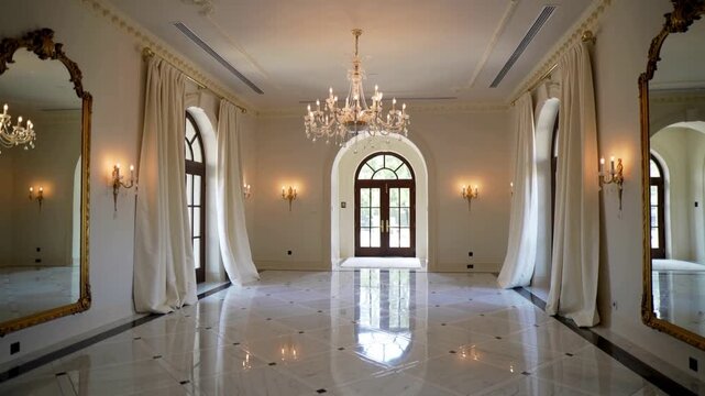 Swaying curtains in foyer as breeze entering windows, door and chandelier reflecting marble floor