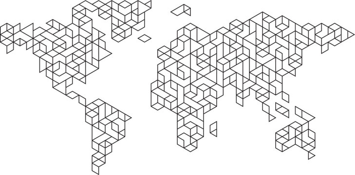 Abstract Geometric World Map Vector with Isometric Cube Grid and Digital Global Network Design