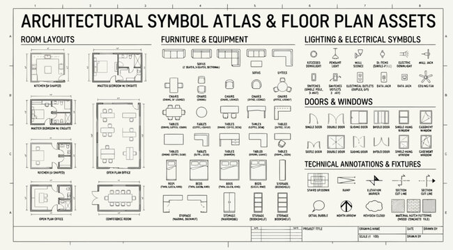 Architectural symbol atlas and floor plan assets reference sheet