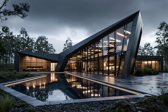 Moderne schwarze Luxusvilla mit grosser Glasfassade und Spiegelung im Wasser bei Regenwetter