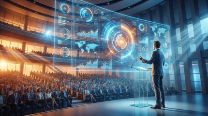 Obraz premium Businessman Presenting Futuristic Holographic Data Interface to Audience in Auditorium