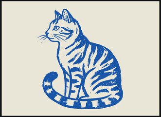 Blue stylized illustration of tabby cat sitting upright with striped body and tail on beige background showing calm elegant posture © Abdul Waheed