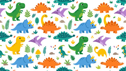 Playful and colorful dinosaur pattern featuring varied dinos and tropical plants in a seamless design. © izzstudio