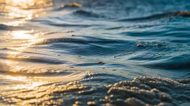 Sparkling sunlit sea reflecting low sun, nearshore waves cresting and forming foam, bokeh