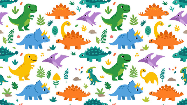 Playful and colorful dinosaur pattern featuring varied dinos and tropical plants in a seamless design.