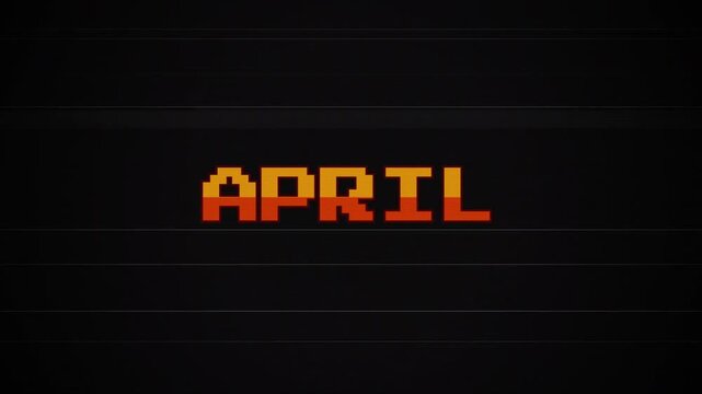 April Retro 8-bit Pixel Art Animation, Vintage Arcade Game Style, Glitchy VHS Interference, CRT Scanline Background, Nostalgic Gaming Text 4k video