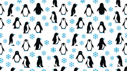 Playful penguin pattern with blue snowflakes on a wintery fabric design. © izzstudio