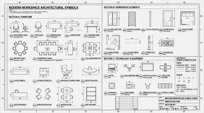 Modern workspace architectural symbols and furniture sheet