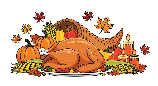 Traditional Thanksgiving Dinner Scene With Roast Turkey Cornucopia Pumpkins and Orange Maple Leaves
