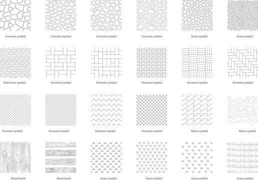 Architectural Surface Symbol Vector Set with Cobblestone Pavement Water Wood and Grass Hatch Textures