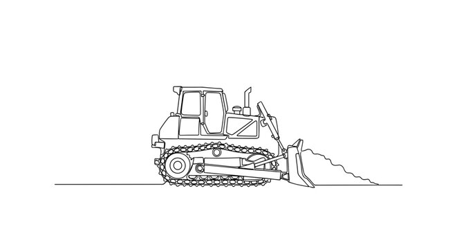 Bulldozer pushing soil in outline sketch style on white background