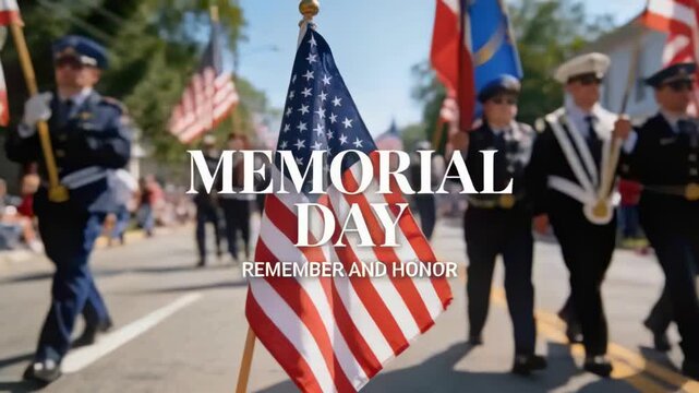 Person waving mini US flag in main street, parade starting, uniform marching, MEMORIAL DAY honoring