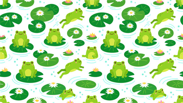 Whimsical green frogs pattern featuring cartoon amphibians on lily pads for playful decor.