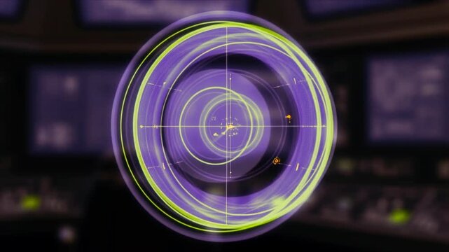 Radar Screen with Circular Scan Lines: A high-tech radar screen displays a circular scanning pattern with multiple concentric rings, featuring small yellow targets against a deep purple background.