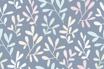 Seamless floral pattern, simple botanical print of branches, leaves silhouettes. Cute nature design, repeat texture of hand drawn foliage, small plants in doodle motif. Vector illustration in pastel. © Yulya i Kot