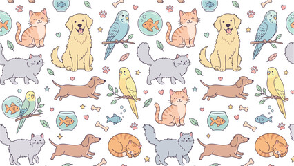 Fototapeta premium Whimsical Seamless Pattern Featuring Playful Dogs Cats Birds and Seashells.
