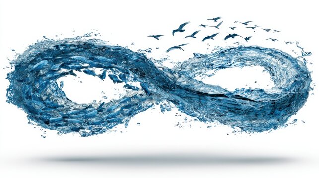A flowing water sculpture shaped as a geometric M&ouml;bius strip, showcasing a continuous loop with dynamic motion and fluid elegance in a surreal design.