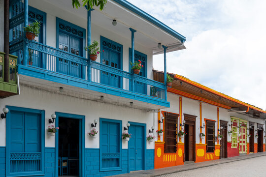 Colombia, colorful houses with balconies in the streets of Jardin. Elected best tourism village.