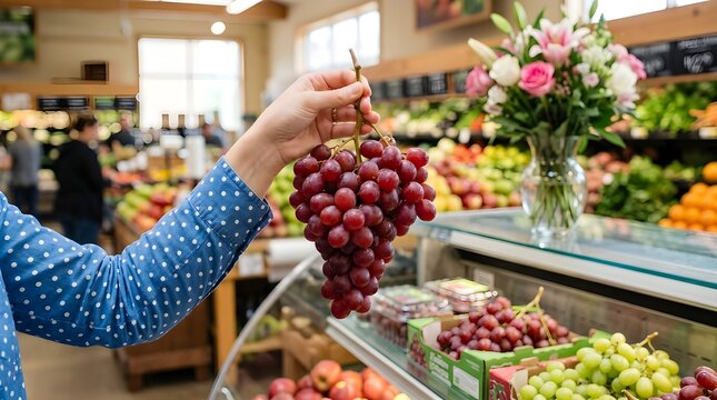Fresh red grapes on display at grocery store