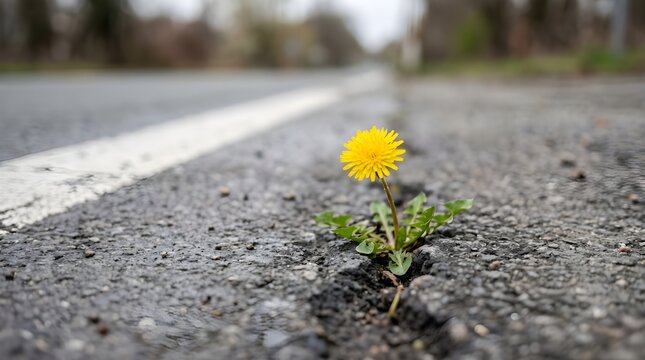 A lone dandelion grows through a crack in the asphalt road