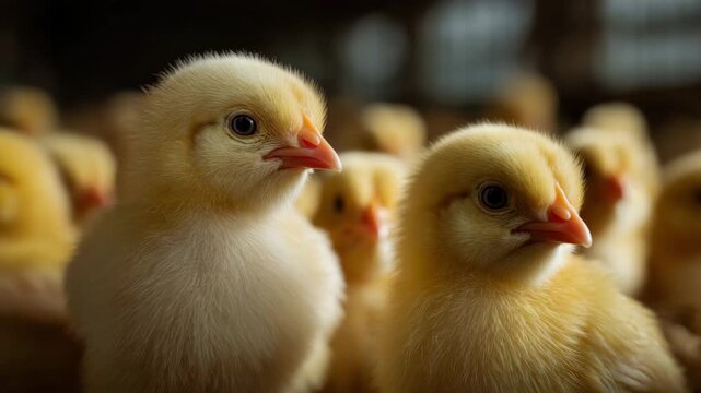 Cute baby chick fluffy yellow feather poultry farm animal bird close up portrait soft natural group of chick hatchling newborn young domestic agriculture barn coop brood small wildlife rural nature