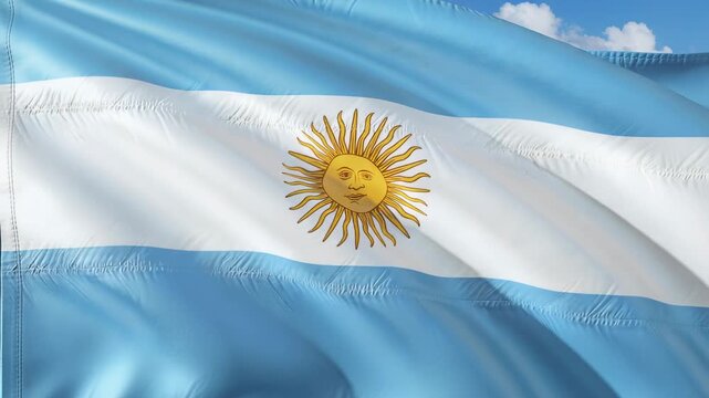 Fluttering Argentina flag rippling in sky, gentle breeze causing Sun emblem and stitching flexing