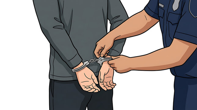 Police officer arrests a man with handcuffs in a public place.