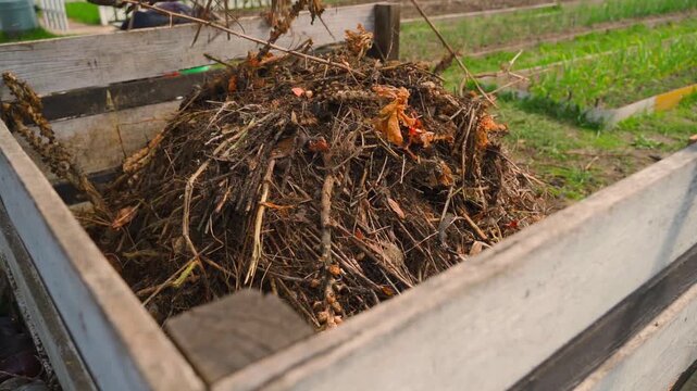 Filling compost bin with organic kitchen waste in slow motion for homemade vermicompost production