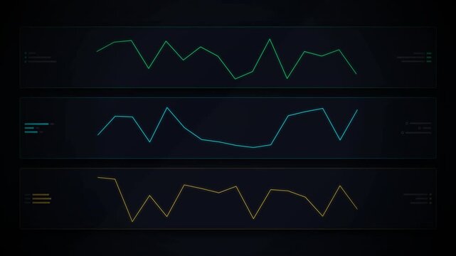 A digital monitor displays three colorful line graphs with fluctuating data trends against a dark background