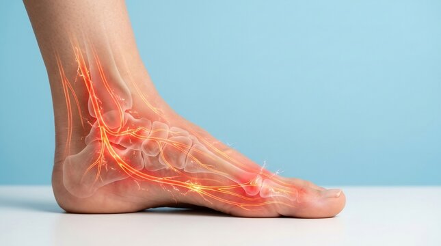 Anatomical view of a human foot and ankle with glowing red nerves indicating pain and inflammation