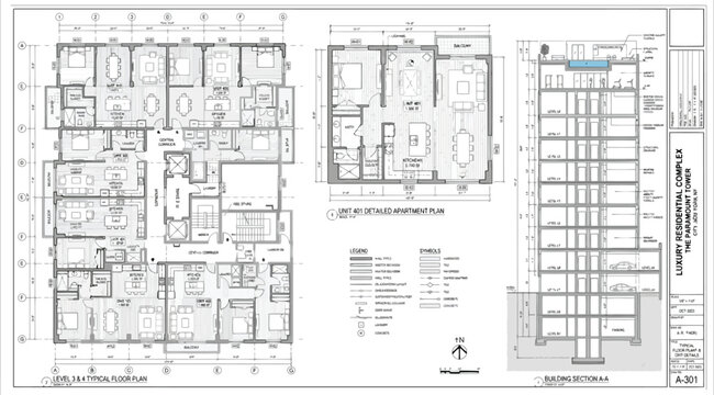 Architectural floor plan and building section of the paramount tower residential complex